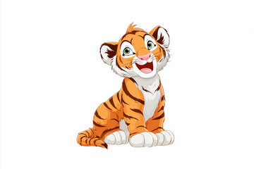 Happy Cartoon Tiger  Sitting on White Background Cute Educational Illustration