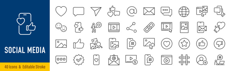 Fototapeta na wymiar Social Media and web icon in line style. Data analytics, blogging, seo, digital marketing, like, management, message, phone, collection. Editable stroke. Vector illustration.