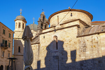 Montenegro. Kotor Old Town. Religious architecture. Domes of Churches of St Luke and St Nicholas. View from  Square of St. Luke