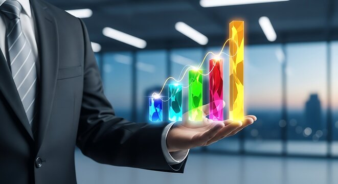 A businessman presenting a glowing set of colorful ascending data bars representing growth and financial success - Powered by Adobe