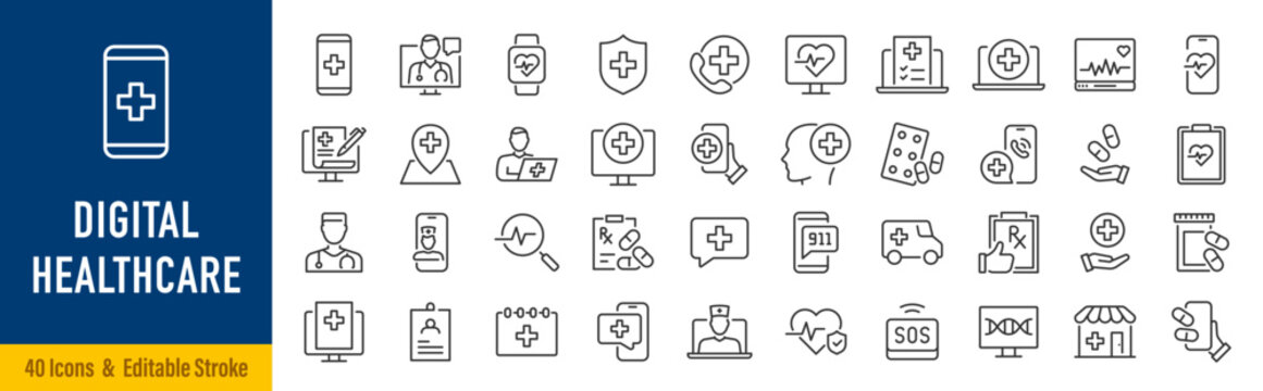 Digital Healthcare web icon set in line style. Online consultation, medical app, results, doctor appointment, health, lifestyle, collection. Editable stroke. Vector illustration.
