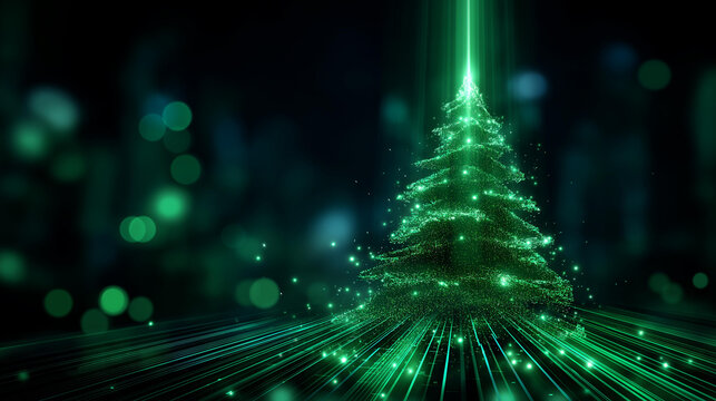 Futuristic glowing green holiday tree visualization, digital electronic programming neon code with green lines and dots, science and technology, glowing rays with flickering