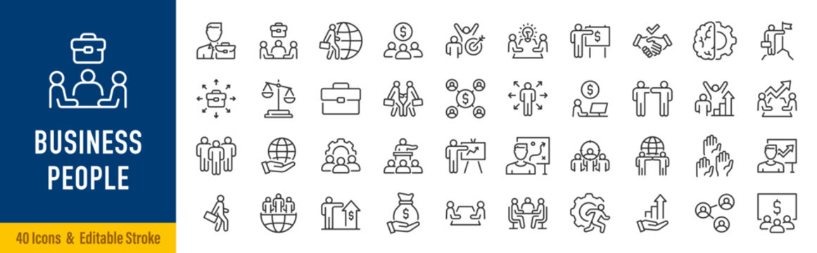Business People icon in line style. Team, business people, human resources, collaboration, research, meeting, partnership, support, businessman. Collection. Editable stroke. Vector illustration.