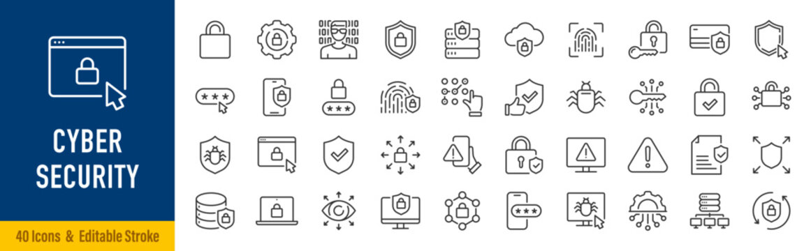 Security web icons in line style. Guard, cyber security, password, smart home, safety, data protection, key, shield, lock, unlock, eye access. Editable stroke. Vector illustration.
