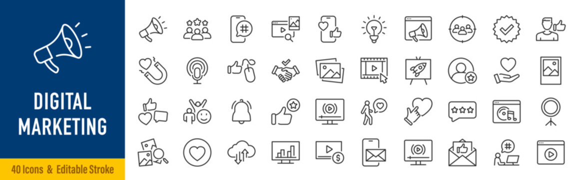Digital Marketing web icon in line style. Social, networks, feedback, communication, marketing, content, analysis, ecommerce collection. Editable stroke. Vector illustration.