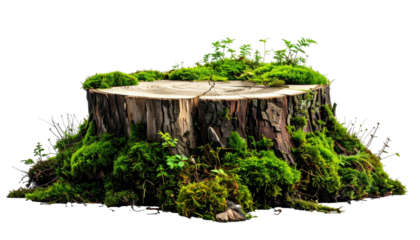 A natural tree trunk covered in green moss, featuring small plants, isolated against a solid black background