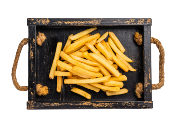 Homemade golden french fries in a tray isolated on white background