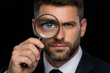 Serious businessman holding magnifying glass close to his eye with intense expression, symbolizing investigation, detail focus, or scrutiny concept. Ai generative