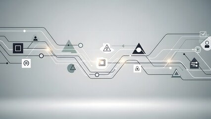 Blurry futuristic circuit board design with geometric shapes on a grey background