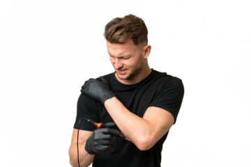 Tattoo artist caucasian man over isolated background suffering from pain in shoulder for having made an effort