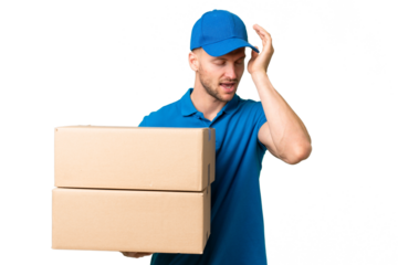 Delivery caucasian man over isolated background has realized something and intending the solution