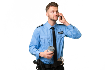 Young police man over isolated background holding coffee to take away and a mobile