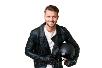 Young caucasian man with a motorcycle helmet over isolated chroma key background smiling a lot
