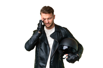 Young caucasian man with a motorcycle helmet over isolated chroma key background with headache