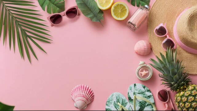 Summer vacation flat lay with tropical accessories and fruit animation on pink background