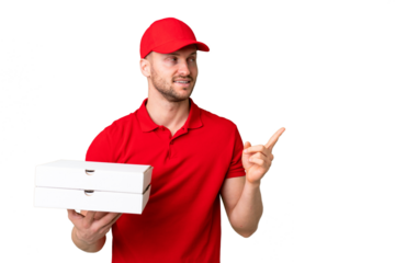Pizza delivery man with work uniform picking up pizza boxes over isolated chroma key background intending to realizes the solution while lifting a finger up
