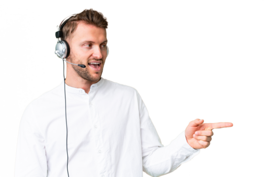 Telemarketer caucasian man working with a headset over isolated chroma key background pointing finger to the side and presenting a product - Powered by Adobe