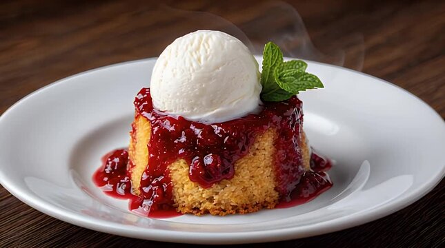 A dessert, cake-like in appearance, features a scoop of vanilla ice cream, topped with a vibrant red sauce, and a sprig of mint on a white plate
