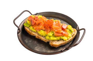 Sandwich with smoked salmon, trout, avocado and red caviar isolated on white background