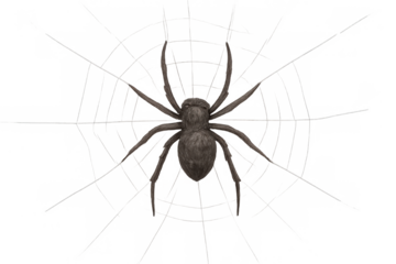 Hairy brown spider hanging on a web, a creepy arachnid predator with eight legs on transparent background