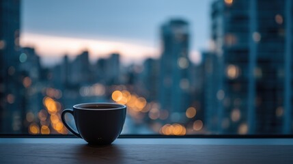Business growth is symbolized by a serene evening city view through a window, with a warm coffee cup in the foreground.
