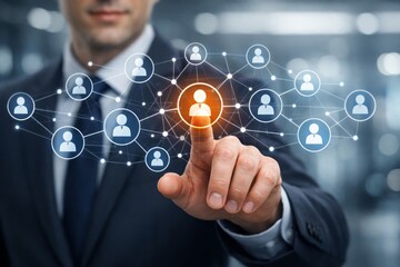 Businessman selecting digital human icon in network connection interface as recruitment or HR solution concept on blurred office background.. Ai generative