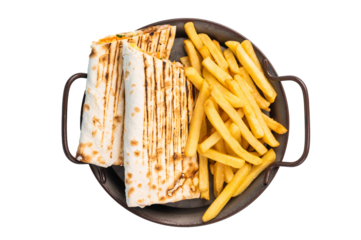 Shawarma, shaurma or doner kebab with meat and salad isolated on white background