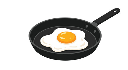 Single sunny side up fried egg cooking in the center of a black non stick frying pan with a long handle on white ground.