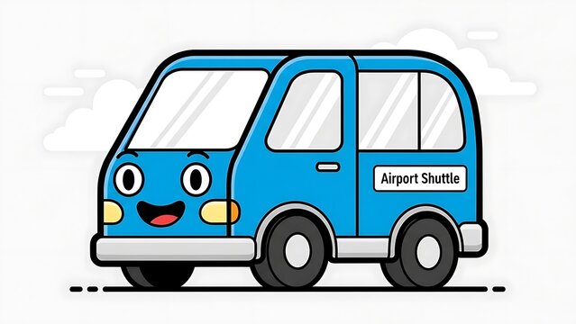 Blue Cartoon Airport Shuttle Van Vehicle.
