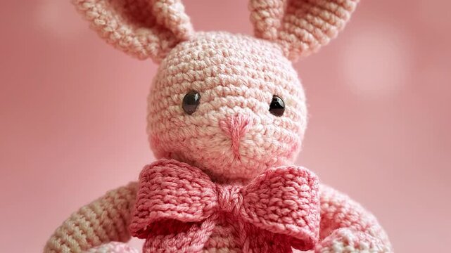 Cute pink crochet bunny rabbit toy with bow tie sitting on pink background zooming in to extreme close up of face details and yarn texture