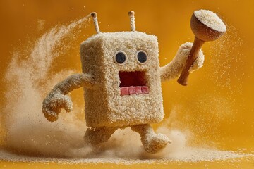 Cheerful square character dashes forward with playful expression