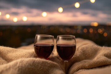 Warm ambiance with two glasses of wine on cozy blanket, evening