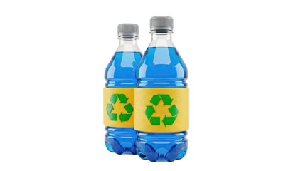 Two blue liquid bottles with recycling symbols on yellow bands