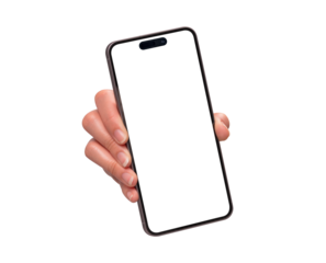 Close-up of a hand showing smartphone with blank screen, isolated on transparent PNG. High quality studio shot. Concept for technology, business, finance, advertising and lifestyle themes.