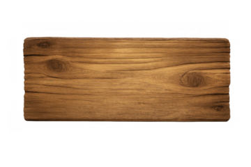 Rectangular wooden sign board with rough texture and knots, providing an empty space for copy on transparent background