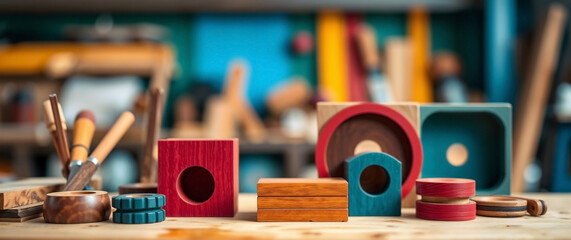 Engaging woodworking projects display colorful wooden blocks, carving tools on workshop table. Unique shapes, vibrant hues highlight artisanal woodworking projects. Ideal for promoting hobbies, DIY.