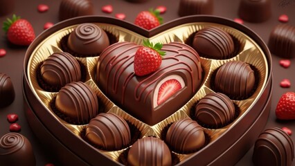 Luxurious assortment of gourmet milk chocolate truffles and a heart-shaped strawberry filled bonbon presented in an elegant valentine's day gift box with fresh berries scattered around