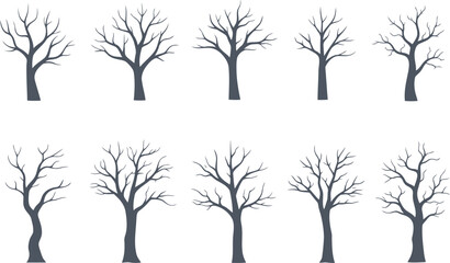 Obraz premium Bare trees in a row: A pattern of silhouette trees without leaves stand together, perfect for any seasonal or environmental design project.