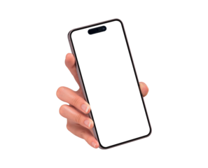 Close-up of a hand showing smartphone with blank screen, isolated on transparent PNG. High quality studio shot. Concept for technology, business, finance, advertising and lifestyle themes.