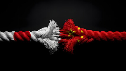 Symbolic image of two frayed ropes, representing Japan and China, at a breaking point due to geopolitical tensions.