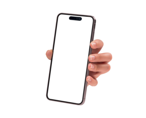 Close-up of a hand showing smartphone with blank screen, isolated on transparent PNG. High quality studio shot. Concept for technology, business, finance, advertising and lifestyle themes.