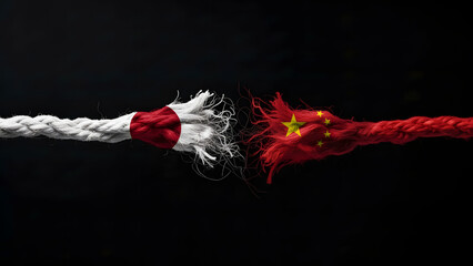 Two frayed ropes, one with the Japanese flag and the other with the Chinese flag, symbolizing geopolitical tension and a breaking relationship.