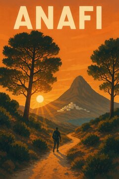 Retro travel poster art of Anafi island showing a hiker on a trail through pine trees toward a mountain village at golden sunset