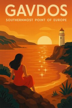 Sunset scene of Gavdos island showing a woman gazing at the sea and lighthouse in retro vintage travel poster design