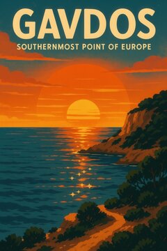 Illustrated retro travel poster of Gavdos island showing the setting sun over dramatic cliffs and glowing sea reflecting orange tones
