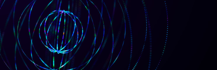 Abstract 3D illustration with cells of viruses, bacteria on dark background. Background with dots and lines. 3D