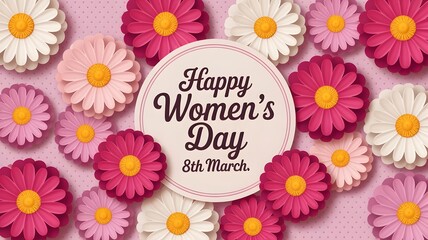 Obraz premium Happy Women’s Day Pink Floral Background with Daisy Flowers and Elegant Typography