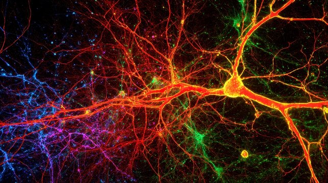 Close-up view of intricately colored neuron pathways, showing complex connections with glowing lines - Powered by Adobe