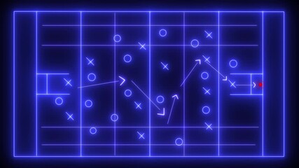 Glowing neon Rugby Strategy and tactics plan in Game to Achieve Goal with 15 players symbol and line arrow. Drawing Scheme Animation of American football 4k video . - Powered by Adobe