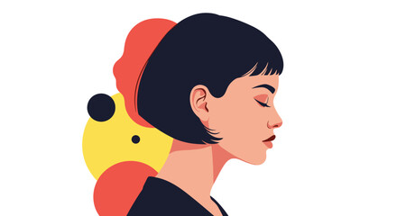 Obraz premium Profile portrait of a young woman with short black hair against an abstract background of red, yellow, and black circles.